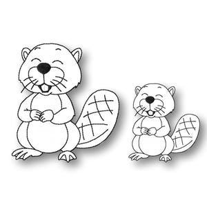 May include: Two cartoon beavers, one large and one small, are depicted in a black and white line drawing. The beavers have smiling faces, paws clasped together, and large, flat tails. The image is set against a white background.