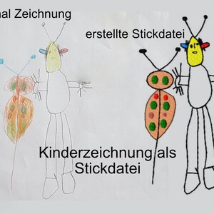 May include: A drawing of a stick figure with a butterfly next to it. The drawing is labelled "Original Zeichnung". The stick figure is yellow with red and blue details. The butterfly is orange, green, and yellow. The drawing is next to a similar drawing labelled "erstellte Stickdatei" with the stick figure and butterfly in black and coloured thread.