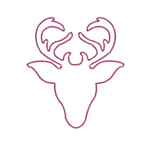 May include: A simple line drawing of a deer head with antlers. The outline is a deep pink color against a white background.