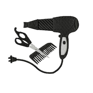 Embroidery file hairdresser, two sizes, frame 10 cm x 10 cm, hair dryer, hair, scissors, comb