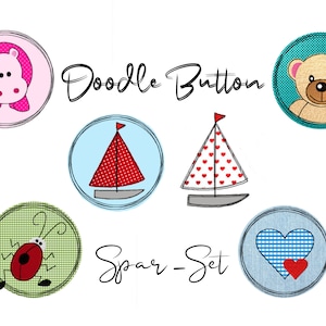 Embroidery file Doodle Button Value Set - frame from 10 cm x 10 cm, heart, boat, bear, hippo, beetle, appliqué, patch