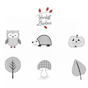 May include: A set of six black and white embroidered designs featuring an owl, hedgehog, apple, tree, mushroom, and leaf. The designs are outlined in black and filled with a grey pattern. The text "Herbst Zauber" is written in black with red berries above it.