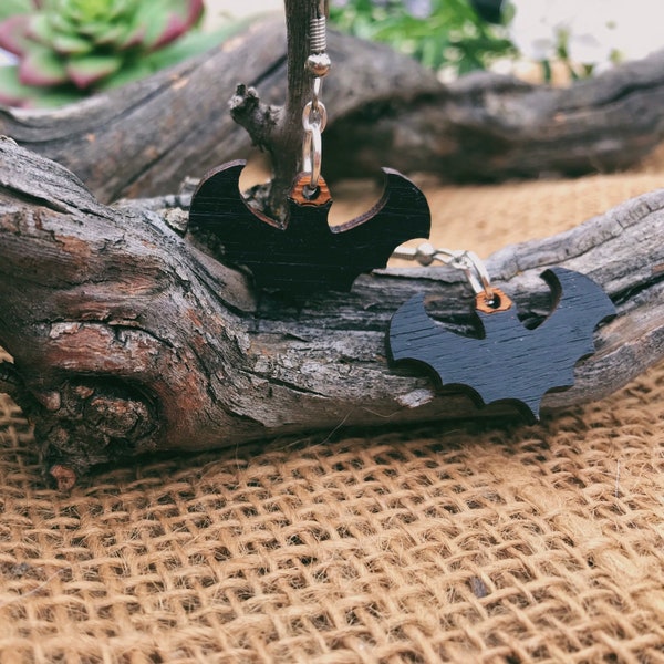 Flying Bats Sustainable Bamboo Plywood Dangle Earrings - Hand-Painted, Eco-Friendly Halloween Design