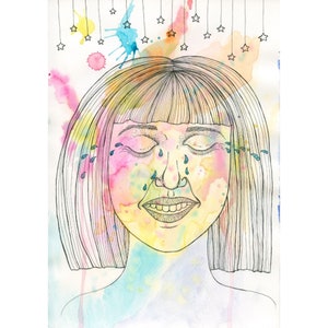 Aquarell und Tuschemalerei, Freudentränen, Glück, bunt, psychedelisch, säurefreier Papierdruck von Original, bunt, Wohnkultur