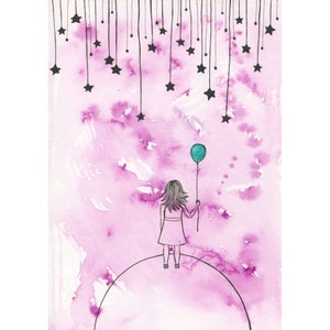 Girl holding the world in her hands. Watercolor and ink painting. High quality prints, acid free paper. Home decor gift. Gift to a newborn.