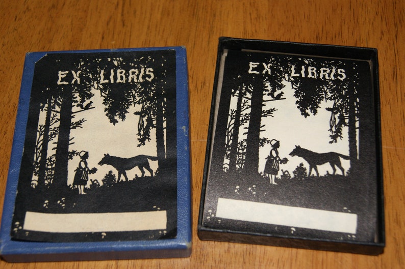 Vintage Little Riding Hood Wolf Forest Silhouette Ex Libris Personalized Book Owner Cards Mint Original Box