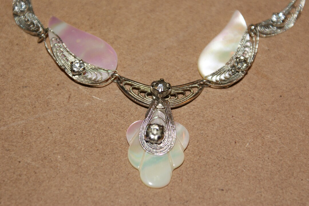 Vintage Choker Mother of Pearl Silver Filigree Design With Rhinestones