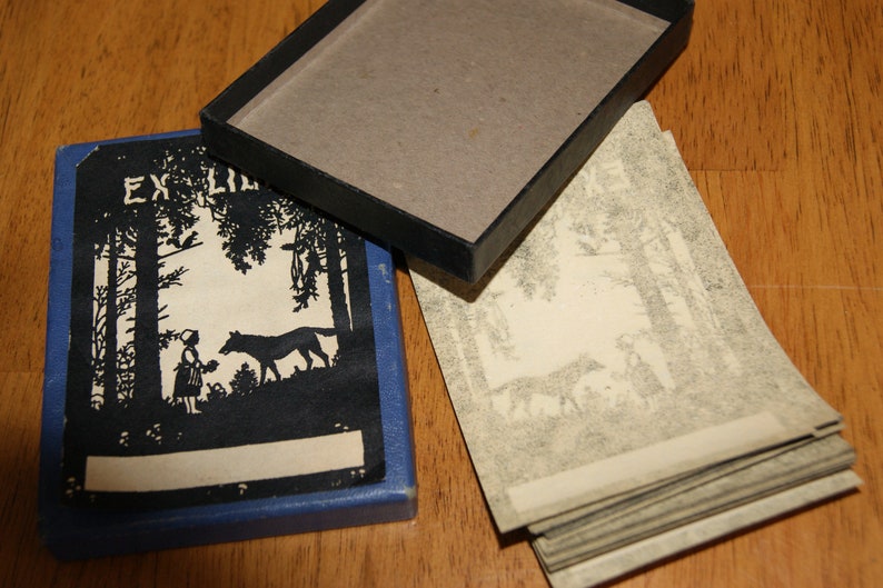 Vintage Little Riding Hood Wolf Forest Silhouette Ex Libris Personalized Book Owner Cards Mint Original Box