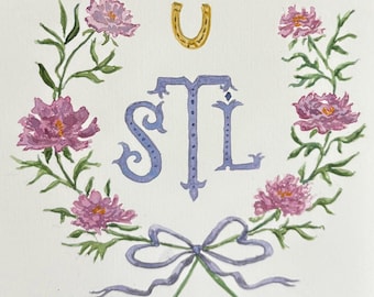 Hand Painted Watercolor Monogram, newborn gift, baptism gift, miscarriage gift, floral, girl, bows, original art, boy, custom