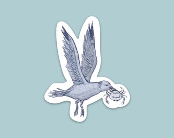 Gull and Crab Sticker, watercolor sticker, vinyl waterproof sticker