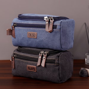 Trousse de toilette personnalisée - Sac de voyage en cuir et toile, sac Dopp, trousse de toilette pour homme, cadeau pour garçons d'honneur, kit Dopp gravé, cadeau pour papa