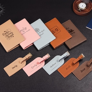Juego de funda para pasaporte y etiqueta para equipaje: funda de cuero para pasaporte, etiqueta para equipaje personalizada, soporte para pasaporte personalizado, etiqueta para equipaje para pareja