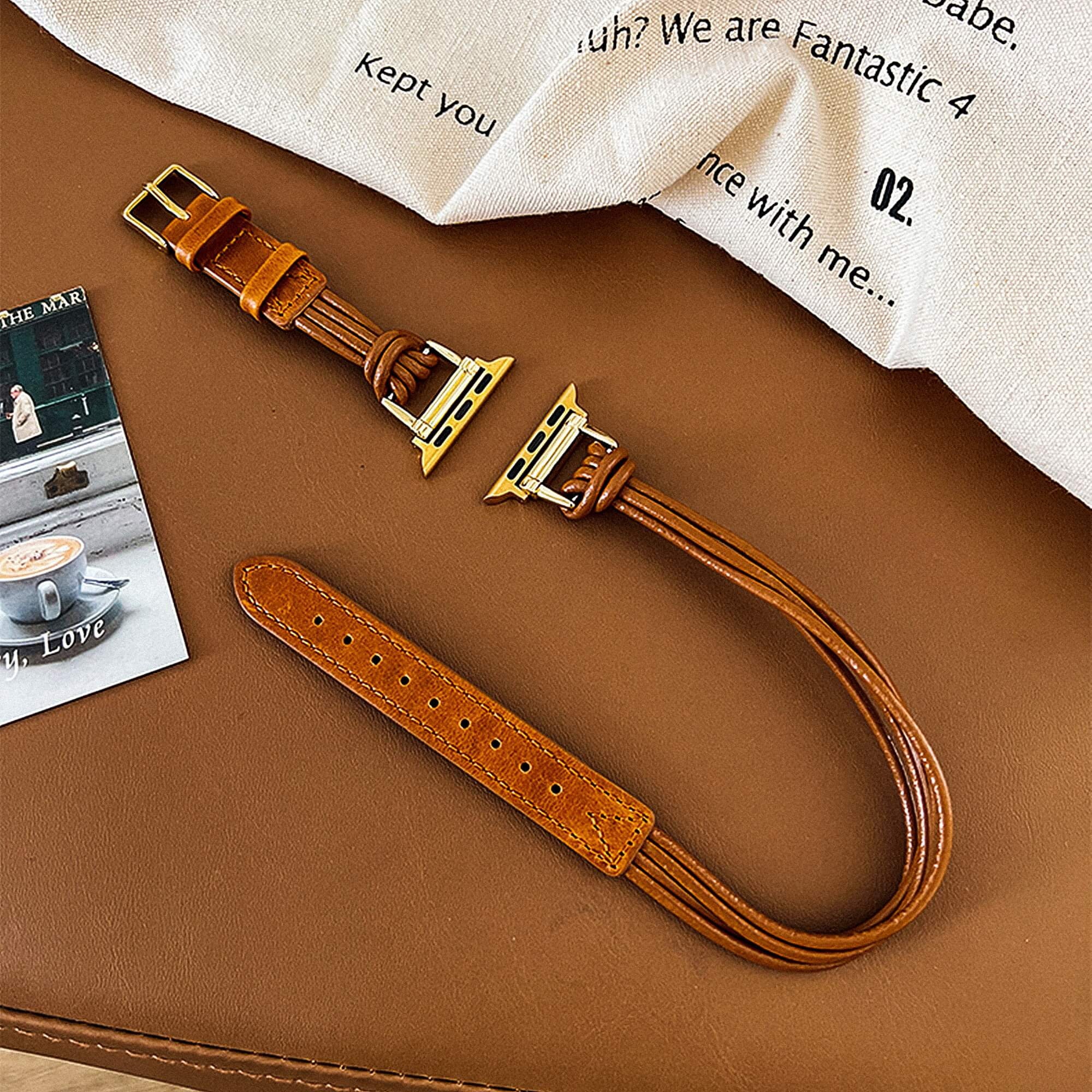 Leeds Double Tour Slim with Silver Bead Apple Watch Leather Straps Tan