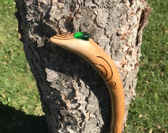 38inch Cane birch wood natural bend green obsidian glass top woodburned spirals lightweight sturdy ergonomic grip durable rubber foot