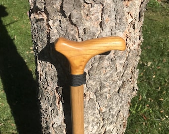 34inch hickory wood cane Osage orange wood handle rubber crutch foot black paracord wrap beeswax finish durable lightweight one of a kind