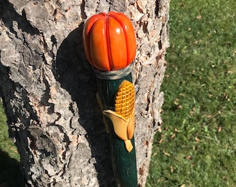 Walking Cane 36in lightweight birchwood handmade michigan halloween pumpkin top cornstalk handcarved one of a kind gift for men or women