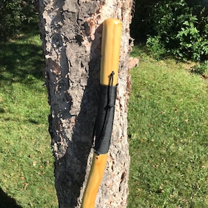 May include: A wooden walking stick with a black cord wrapped around the handle. The stick is leaning against a tree trunk.