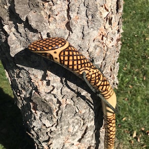 May include: A wooden walking stick with a carved, intricate design. The stick is brown and has a dark brown, almost black, design burned into the wood. The stick is leaning against a tree trunk.