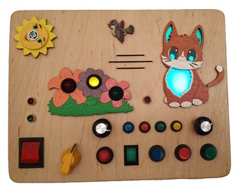 Light Switch Sensory Busy Board Cat With Buttons, LEDs, Kitten Meowing Sound, Chirping Sparrow, Songs, 12 English Melodies.