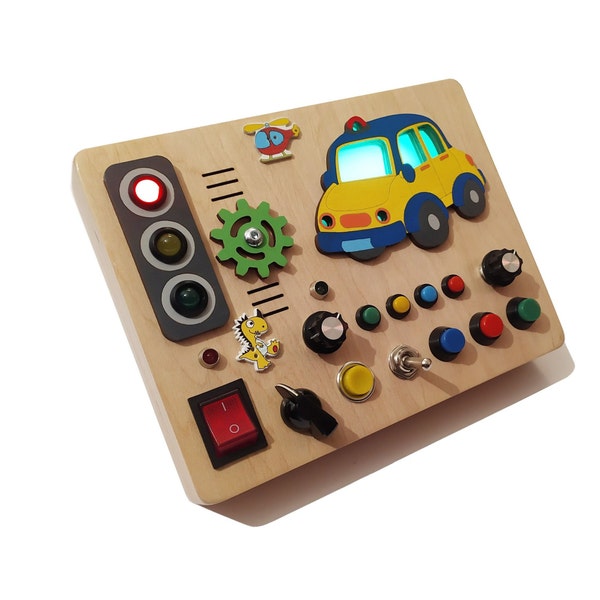 Tableau de commande interactif Montessori Activity Travel avec panneau de commande interactif pour voiture avec lumières, musique, sons de voiture, différents types de commutateurs sensoriels, LED.