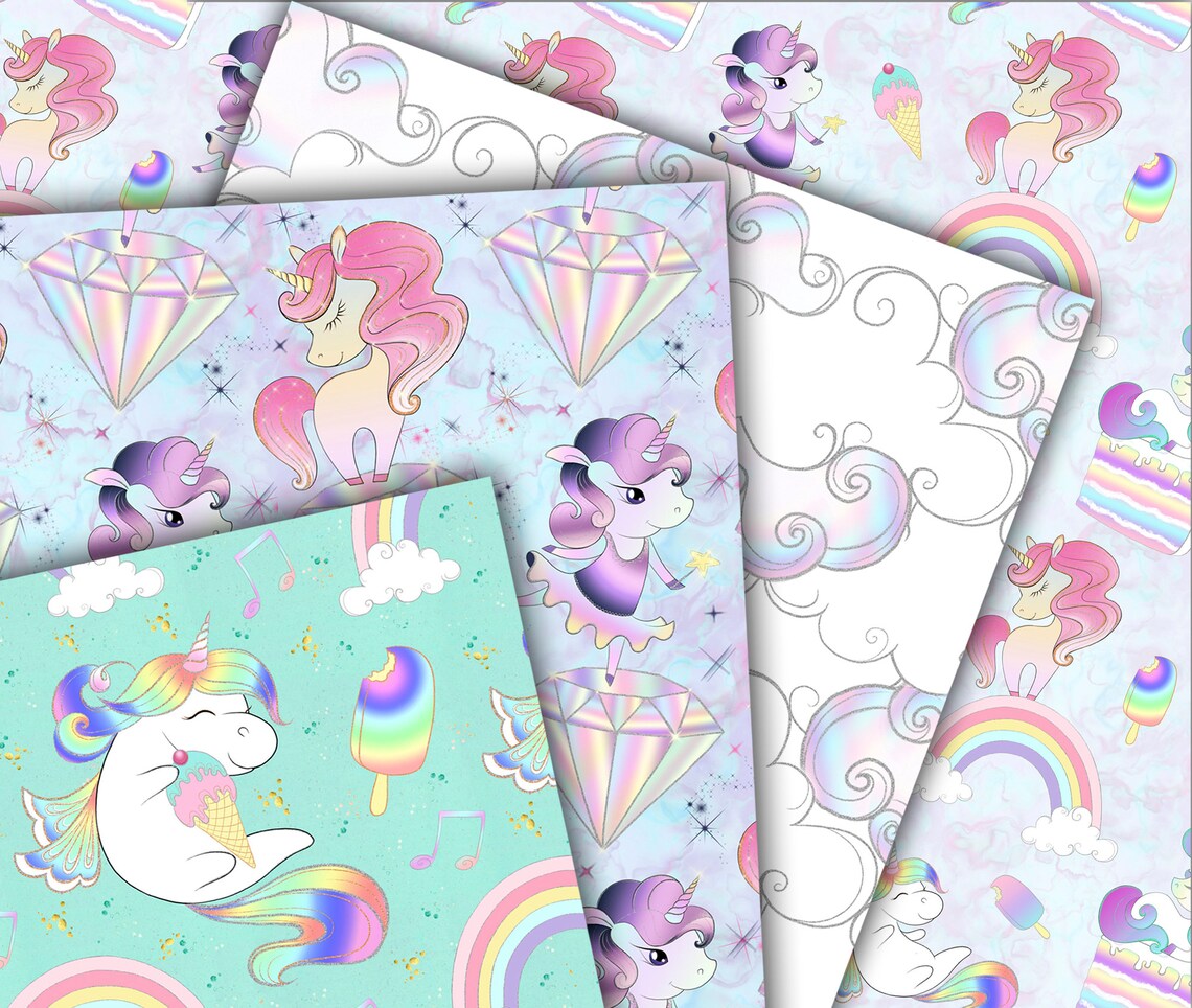 Unicorns digital paper unicorn Scrapbooking rainbow pony Etsy