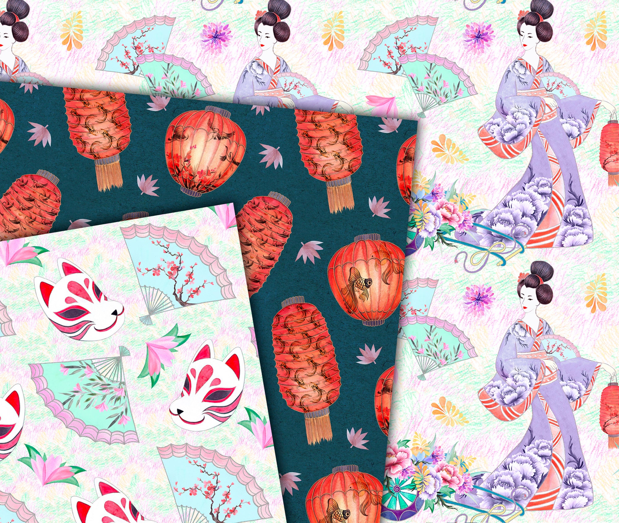 Watercolor japanese digital paper geisha Scrapbooking sakura Etsy