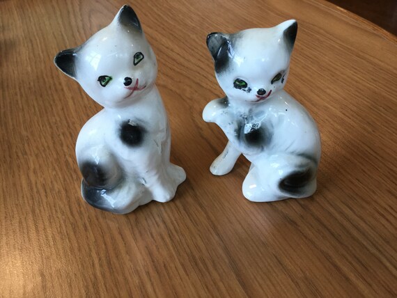 Porcelain Cute Pair Of Black White Long Hair Cat Kitten Etsy