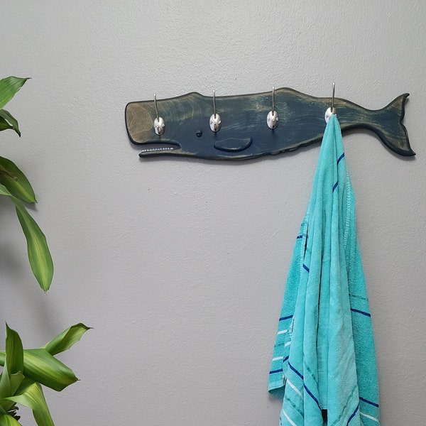 Sperm Whale Coat Rack | Coastal Coat Rack | Wooden Whale Wall Decor Hanging