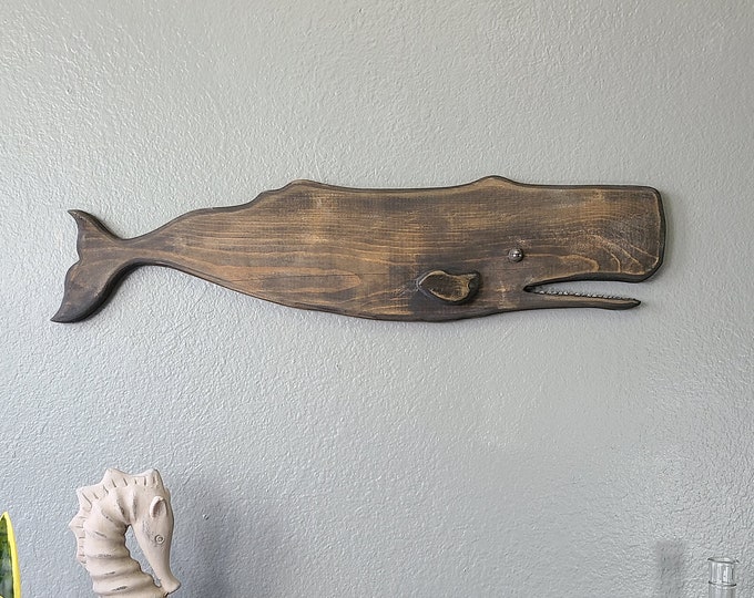 Sperm Whale Wall Art 28" Long | Coastal Beach Nautical Wood Sculpture | Brown, Black