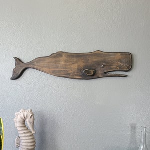 Sperm Whale Wall Art 28" Long | Coastal Beach Nautical Wood Sculpture | Brown, Black