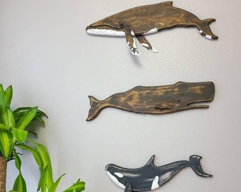 Beach House Decor | Nautical Wood Art | Wood Whales | Set of 3 Wood Wall art each 22" to 28" long