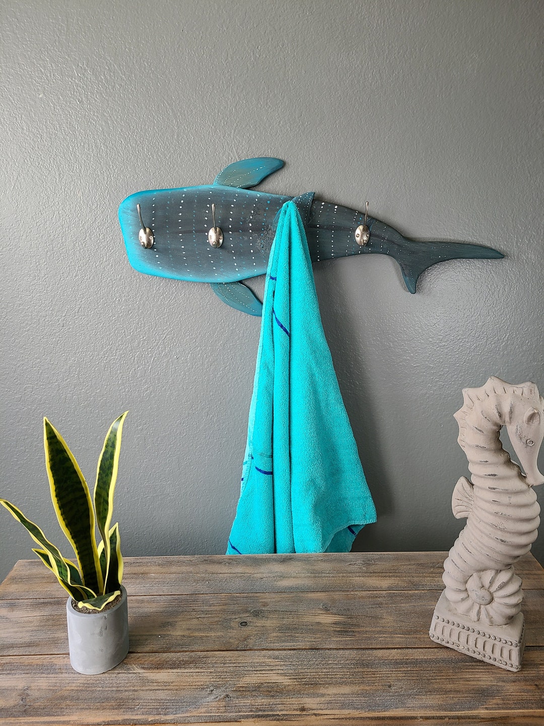 Metal Wall Mount Double Shark Hooks Key Ring Coat Rack Bathroom Towel Hook  Beach House Home Decor