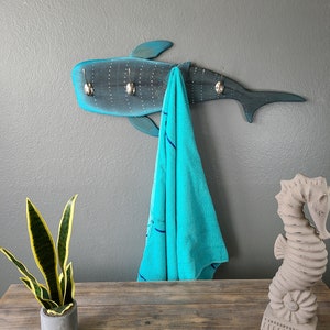 Whale Shark Wall Mount Coat Rack 28" | Coastal Beach Wood Wall Art | Towel Rack | Nature Lover Gift