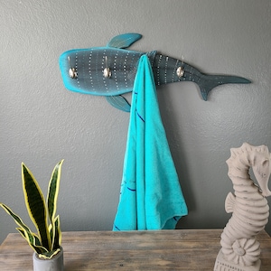 Whale Shark Wall Mount Coat Rack 28" | Coastal Beach Wood Wall Art | Towel Rack | Nature Lover Gift