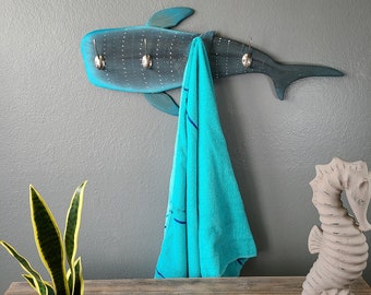 Whale Shark Wall Mount Coat Rack 28" | Coastal Beach Wood Wall Art | Towel Rack | Nature Lover Gift