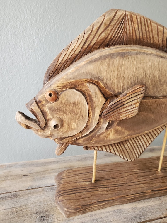 Halibut Fish Wooden Sculpture, 20shelf Decor Beach House Table Art