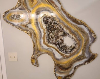 Large Gold Bronze Geode Wall Art 48", Resin Crystal Art Sculpture, Modern Glam Home Decor, Luxury 3D Textured Wall Art, Made to order