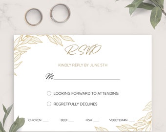Golden Wedding Rsvp Card Template, Printable Wedding Rsvp Postcard, Editable Response Card, Kindly Reply, PDF, JPG, PNG