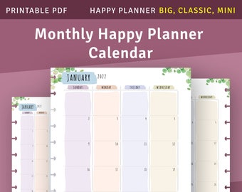 Happy Planner Monthly Calendar Insert, Classic/Big/Mini (Printable PDF)