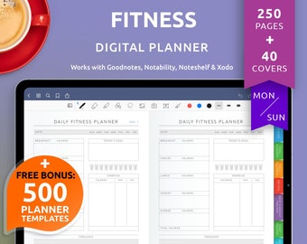 Custom Fitness Digital Planner, 40 Covers, 500 Templates (Goodnotes, Notability, iPad, Android)