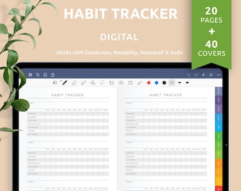 Digital Habit Tracker, Weekly Template, 40+ Custom Covers (Goodnotes, Notability)