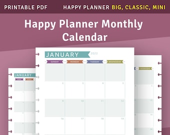 Happy Planner Monthly Calendar, Classic, Big, Mini (Printable PDF)