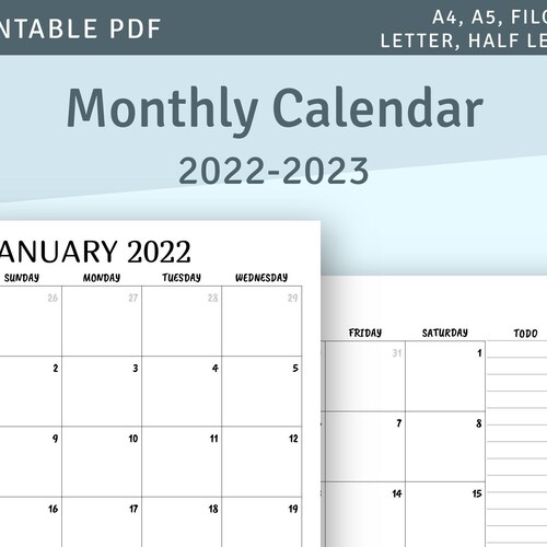 printable calendar monthly 2022 2023 month on two page etsy