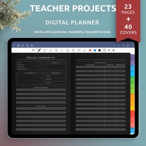Planificador de proyectos escolares digitales para profesores, plantilla de planificador de profesores Goodnotes / Notability, planificador de iPad / Android, más de 40 portadas personalizadas