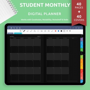 Student Monthly Digital Planner for Goodnotes, Notability, Academic Journal Templates, School Planner for iPad, Android, +40 Custom Covers