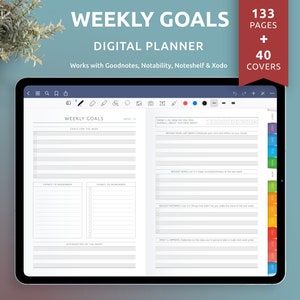 Weekly Goal Planner Digital for iPad or Android Tablet, Goodnotes / Notability Goal Setting Template, 40+ Custom Covers