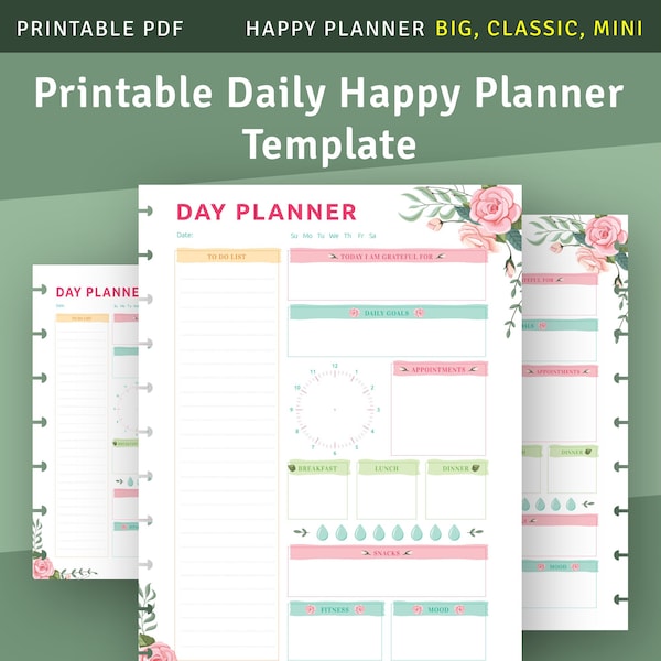 Day Happy Planner Vorlage, druckbarer täglicher Einsatz für Happy Planner Classic, Big, Mini