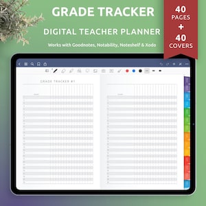 Peut inclure: Un planificateur numérique pour enseignants avec un suivi des notes affiché à l'écran. Le planificateur est ouvert sur une page intitulée "Grade Tracker #1" avec une colonne pour les noms des élèves et des lignes pour les notes. Le planificateur est compatible avec Goodnotes, Notability, Noteshelf et Xodo.