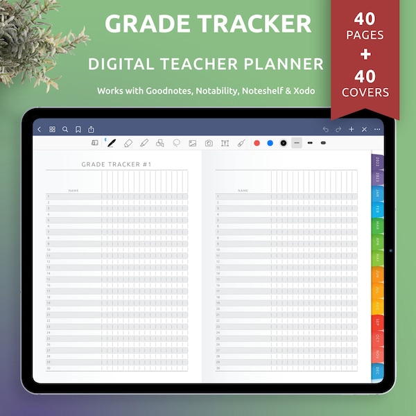 Digital Class Grade Tracker for Goodnotes, Notability, Teacher Planner Templates for iPad, Android, +40 Custom Covers