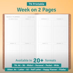 May include: A printable weekly planner template with a week on two pages layout. The planner is designed for use with a TN (Traveller's Notebook) system and is available in 20+ formats, including A6, B6, Midori, Personal, Pocket, Wide, A4, Letter, A5, Half Letter, Happy Planner, and Filofax.